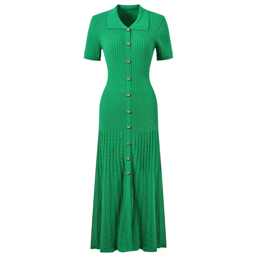 Green Ribbed Button-Down Dress
